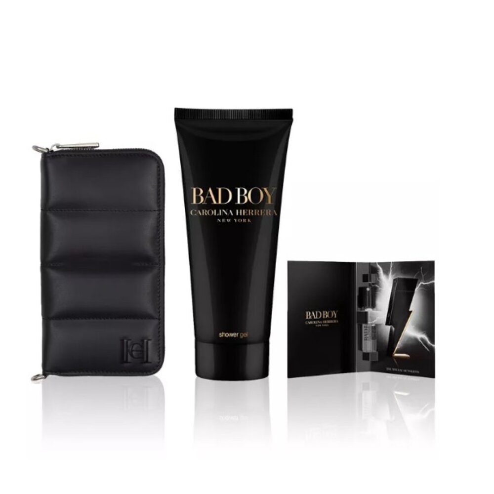 Carolina Herrera Bad Boy Set-Black Pouch,Shower Gel&EDT Sample,Woody-3pc-BOX-NEW - Picture 13 of 16